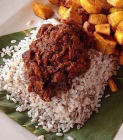 Ofada rice in the leaf + any type of stew